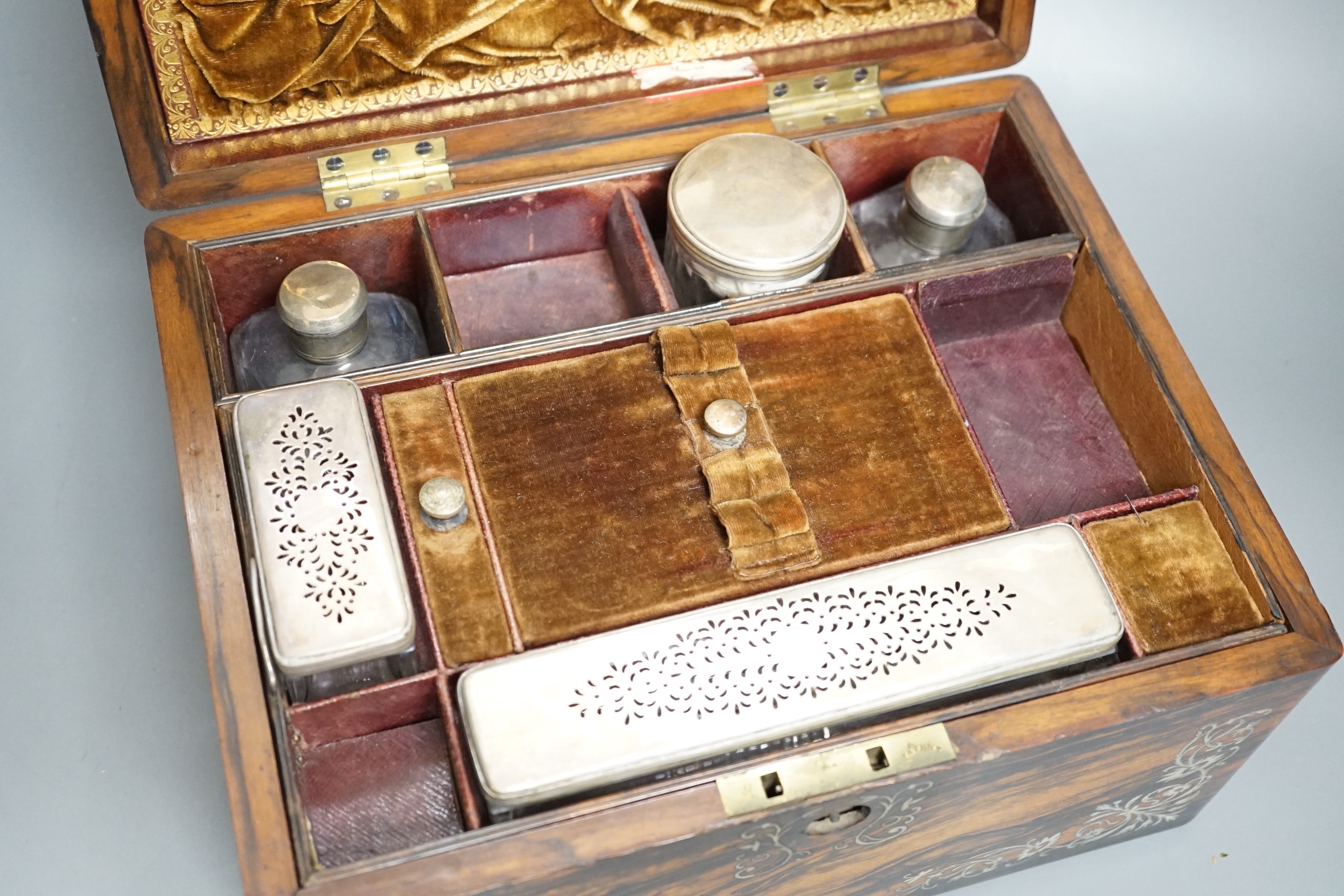 An early Victorian mother of pearl inlaid calamander wood toilet box. Width 28.5cm